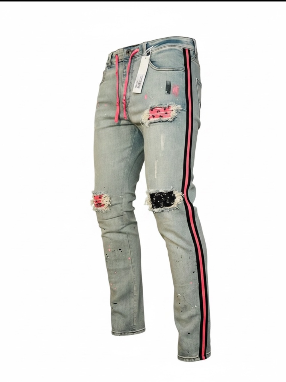 Focus NWOT Mens Slim Fit Faded Blue Distressed Jeans with Pink & Black